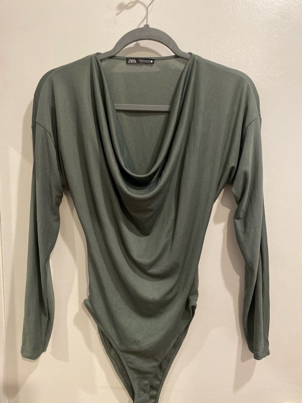 ZARA Olive Green Draped Cowl Neck Bodysuit